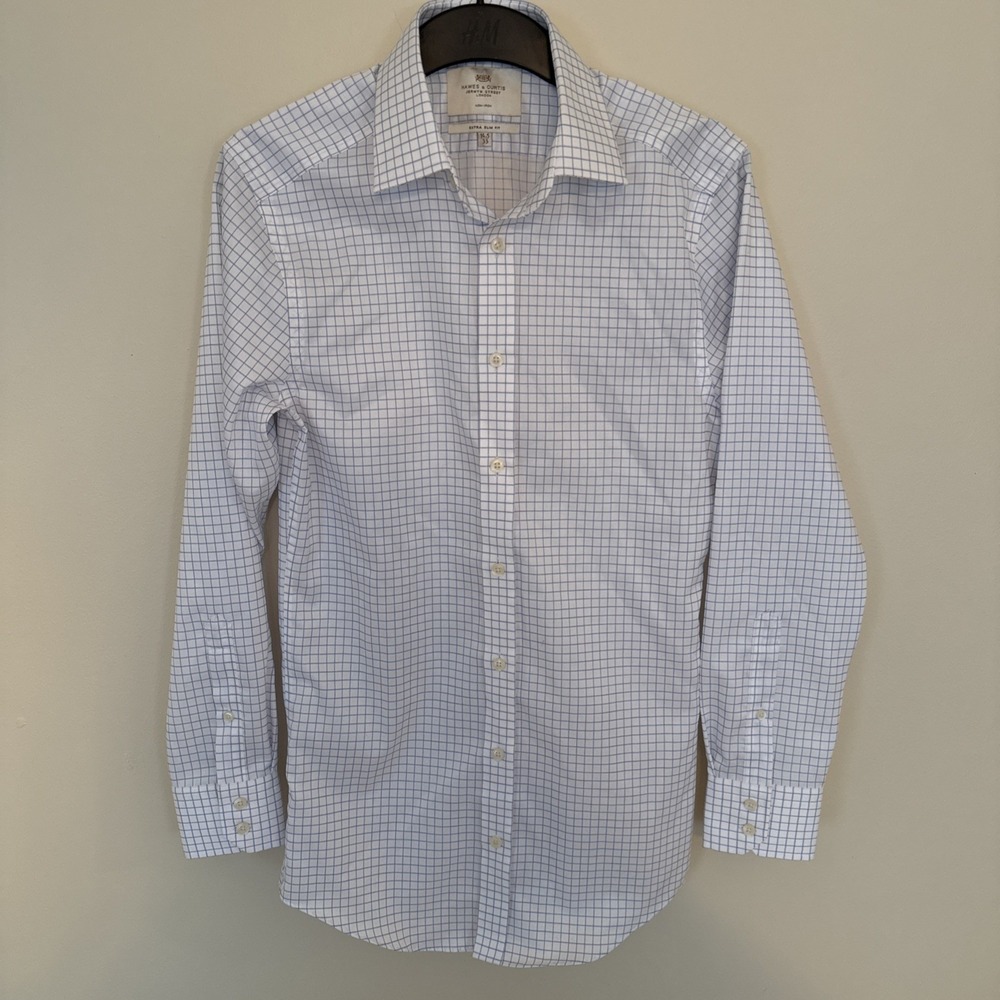 Hawes & Curtis Shirt Mens 14.5/33 Blue Striped Extra Slim-Fit Dress Shirt‎